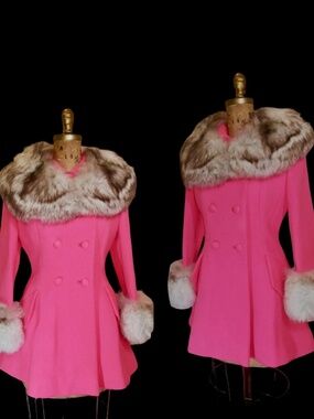60s Pink Lilli Ann Norwegian Fox Fur Coat Fit and Flare Neon Florescent Bright P